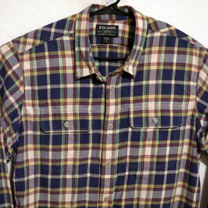 Filson Shirt Mens XL Long Sleeve Button Flannel Blue Red Yellow Striped